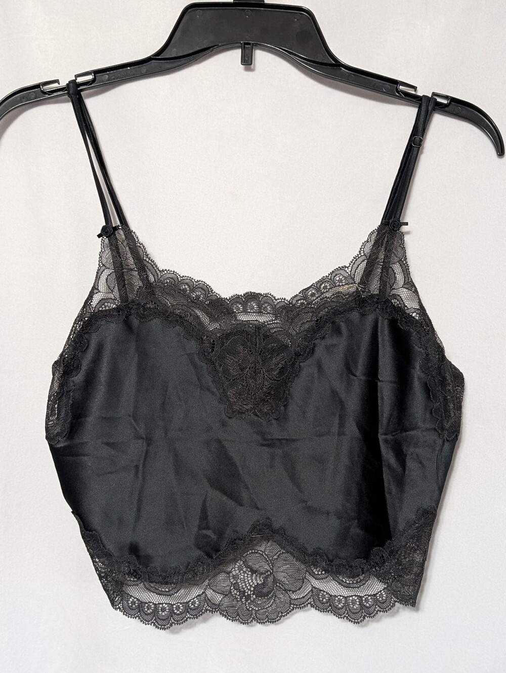 Skims Black Lace Trim Satin Adjustable Strap Cami Top, XSmall
